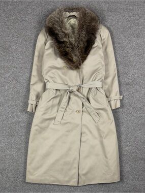VTG Bromleigh Double Breasted Belted Trench Coat Women’s L/XL Raccoon Fur Collar